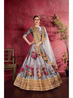 Pink Ethnic - Grey Banglori Silk Floral Semi-Stitched Lehenga with Unstitched Choli and Dupatta