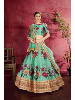 Pink Ethnic - Green Banglori Silk Floral Semi-Stitched Lehenga with Unstitched Choli and Dupatta