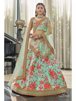 Pink Ethnic - Green Art Silk Floral Semi-Stitched Lehenga with Unstitched Choli and Dupatta