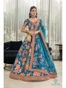 Pink Ethnic - Teal Art Silk Digital Floral Semi-Stitched Lehenga with Unstitched Choli and Dupatta