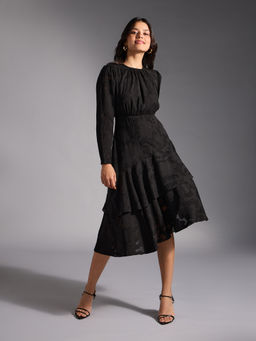 Twenty Dresses by Nykaa Fashion - Black Textured Round Neck Full Sleeves Gathered Midi Dress