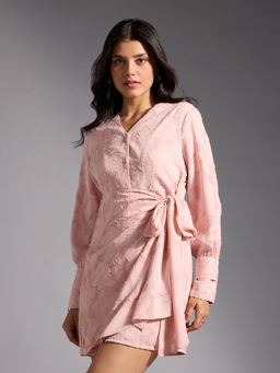 Twenty Dresses by Nykaa Fashion - Pink Textured V Neck Full Sleeves Wrap Mini Shirt Dress