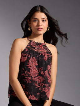 Twenty Dresses by Nykaa Fashion - Black Floral Print Gathered Halter Neck Flared Top