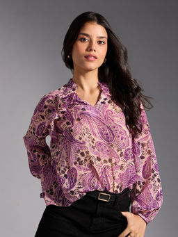 Twenty Dresses by Nykaa Fashion - Pink and Purple Paisley V Neck Bishop Sleeves Ruffled Top