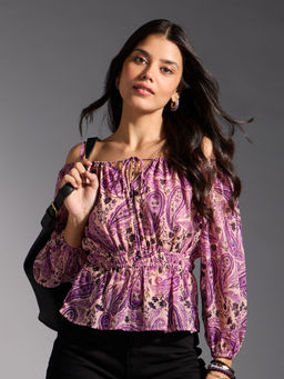 Twenty Dresses by Nykaa Fashion - Pink and Purple Paisley Off Shoulder Bishop Sleeves Peplum Top