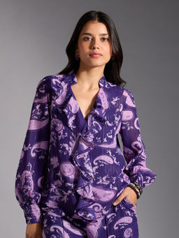 Twenty Dresses by Nykaa Fashion - Purple Paisley Print V Neck Full Sleeves Ruffled Top