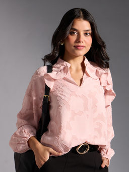 Twenty Dresses by Nykaa Fashion - Pink Jacquard V Neck Full Bishop Sleeves Ruffled Top