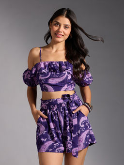 Twenty Dresses by Nykaa Fashion - Purple Paisley Ruffled Top High Waist Shorts Co-Ord