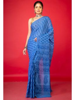 Unnati Silks - Blue Pure Block Printed Superfine Mulmul Cotton Saree with Unstitched Blouse