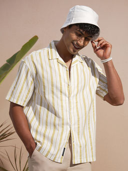 HIGHLANDER - Mustard Stripes Cuban Collar Oversized Shirt