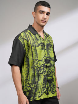HIGHLANDER - Men's Black Green Printed Cuban Collar Oversized Shirt