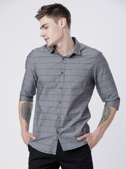 HIGHLANDER - Men's Grey Slim Fit Striped Casual Shirt
