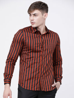 HIGHLANDER - Men's Rust Slim Fit Striped Casual Shirt
