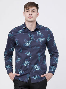 HIGHLANDER - Men's Navy Blue Slim Fit Printed Casual Shirt