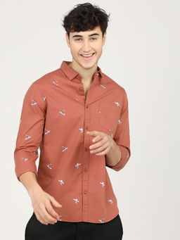 HIGHLANDER - Men's Rust Slim Fit Opaque Printed Casual Shirt