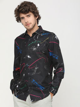 HIGHLANDER - Men's Black Printed Slim Fit Casual Shirt