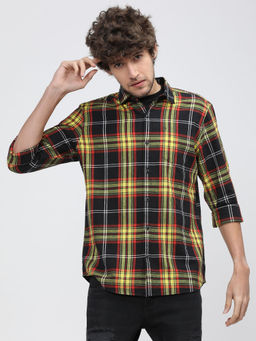 HIGHLANDER - Men's Black Slim Fit Tartan Checks Checked Cotton Casual Shirt