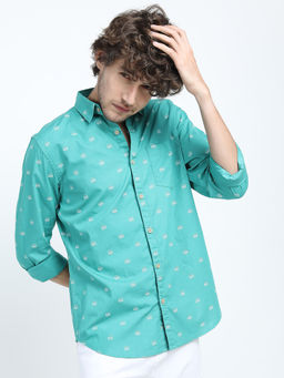 HIGHLANDER - Men's Sea Green Slim Fit Printed Cotton Casual Shirt