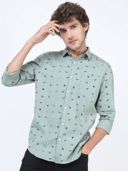 HIGHLANDER - Men's Sea Green Slim Fit Printed Casual Shirt