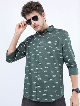 HIGHLANDER - Men's Green Slim Fit Printed Casual Shirt