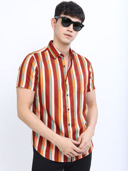 HIGHLANDER - Men's Maroon Slim Fit Striped Casual Shirt
