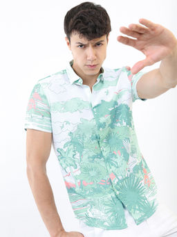 HIGHLANDER - Men's White Printed Cotton Casual Shirt