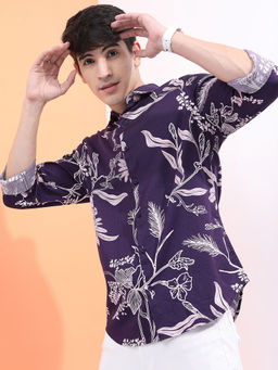 HIGHLANDER - Men's Purple Slim Fit Floral Printed Cotton Casual Shirt
