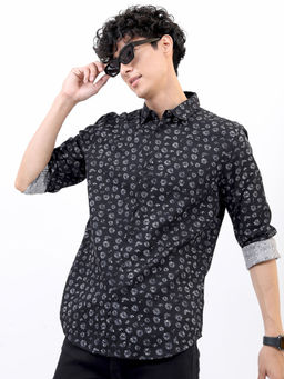 HIGHLANDER - Men's Black Slim Fit Floral Printed Cotton Casual Shirt
