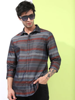 HIGHLANDER - Men's Horizontal Stripes Slim Fit Casual Shirt