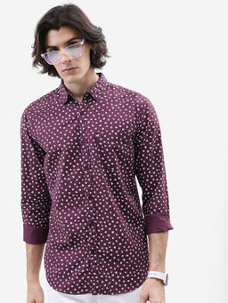 HIGHLANDER - Purple Floral Printed Slim Fit Cotton Casual Shirt