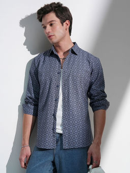HIGHLANDER - Grey Slim Fit Printed Opaque Casual Shirt