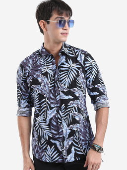 HIGHLANDER - Black Tropical Printed Slim Fit Cotton Casual Shirt