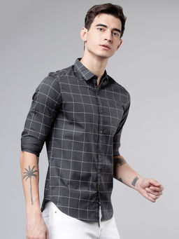 HIGHLANDER - Grey Men's Checked Slim Fit Shirt