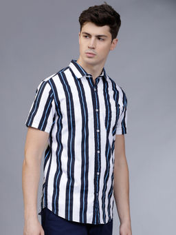 HIGHLANDER - White Men's Striped Slim Fit Shirt