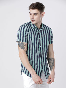HIGHLANDER - Green Men's Stripes Slim Fit Shirt