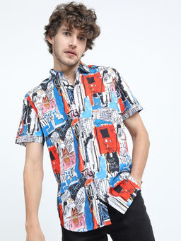 HIGHLANDER - White Men's Printed Slim Fit Shirt
