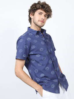 HIGHLANDER - Blue Men's Printed Slim Fit Shirt