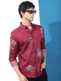 HIGHLANDER - Maroon Men's Printed Slim Fit Shirt
