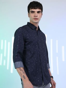 HIGHLANDER - Navy Blue Men's Printed Slim Fit Shirt