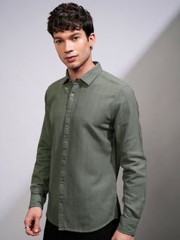 HIGHLANDER - Green Men's Dobby Striped Casual Shirt