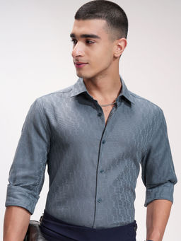 HIGHLANDER - Men's Blue Dobby Striped Cuban Collar Relaxed Shirt
