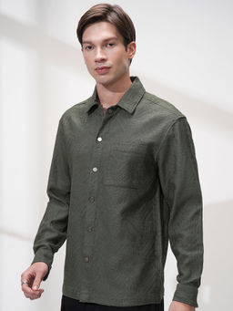 HIGHLANDER - Green Self Design Relaxed Fit Overshirt