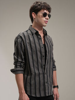 HIGHLANDER - Black Striped Relaxed Fit Shirt