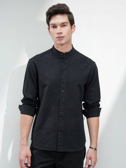 HIGHLANDER - Black Self Design Mandarin Collar Shirt