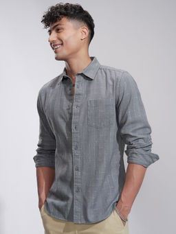HIGHLANDER - Men's Grey Grindle Yarn Striped Casual Shirt