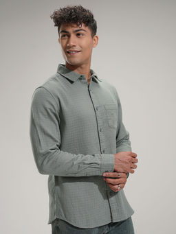 HIGHLANDER - Men's Green Dobby Striped Casual Shirt