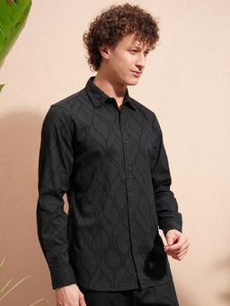 HIGHLANDER - Black Self Design Jacquard Relaxed Fit Shirt