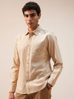 HIGHLANDER - Cream Self Design Relaxed Fit Shirt