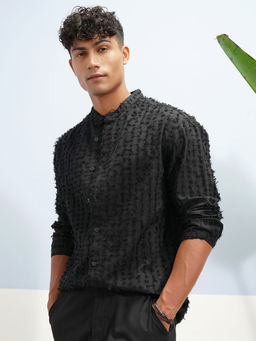 HIGHLANDER - Black Jacquard Mandarin Collar Shirt