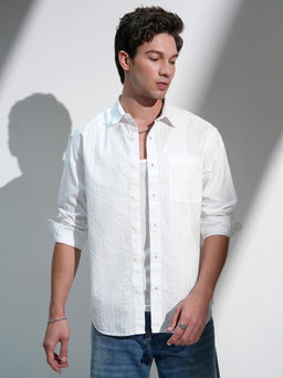 HIGHLANDER - White Striped Relaxed Fit Spread Collar Shirt